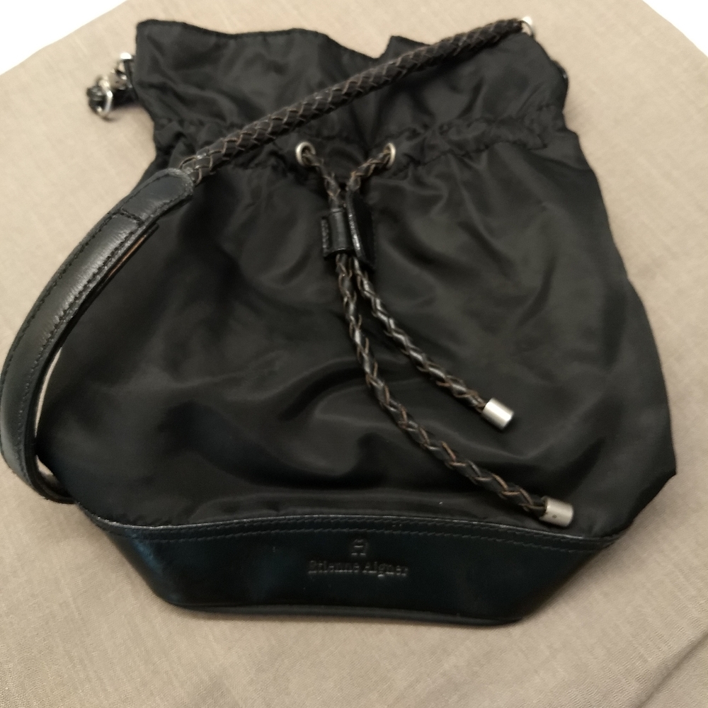 Vintage Etienne Aigner Black Leather and Fabric Drawstring Bucket Bag